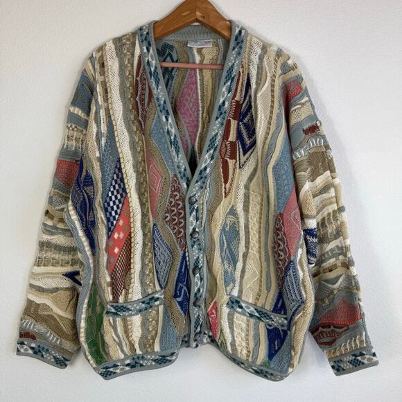 Vintage Coogi 3D Knit Cardigan Sweater Medium Colorful Textured Pockets